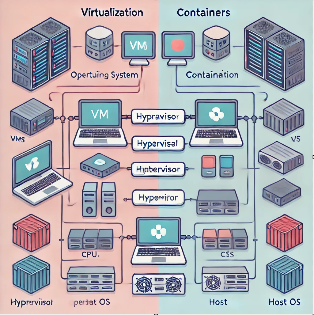virtualization vs containerization diagram made by chatgpt
